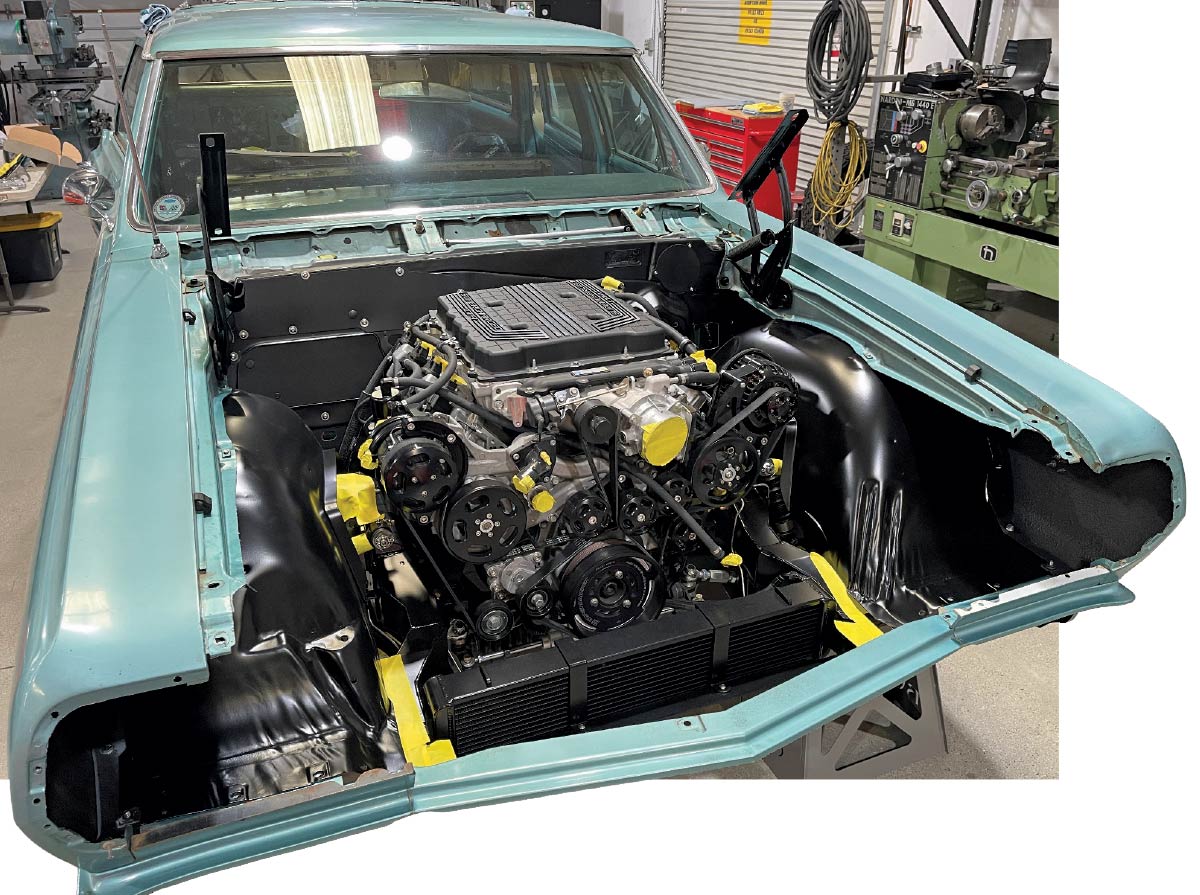 1965 chevelle wagon engine bay ls3 mockup fenders off black inner structure powdercoated