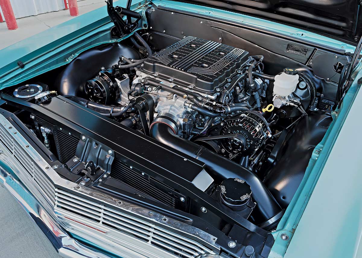 1965 chevelle wagon engine bay supercharged LS swap clean setup