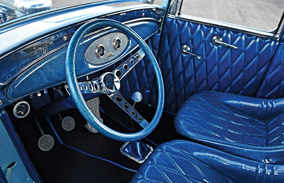 1932 Ford Five Window Coupe custom interior blue metalflake steering wheel diamond tuck hot rod cabin