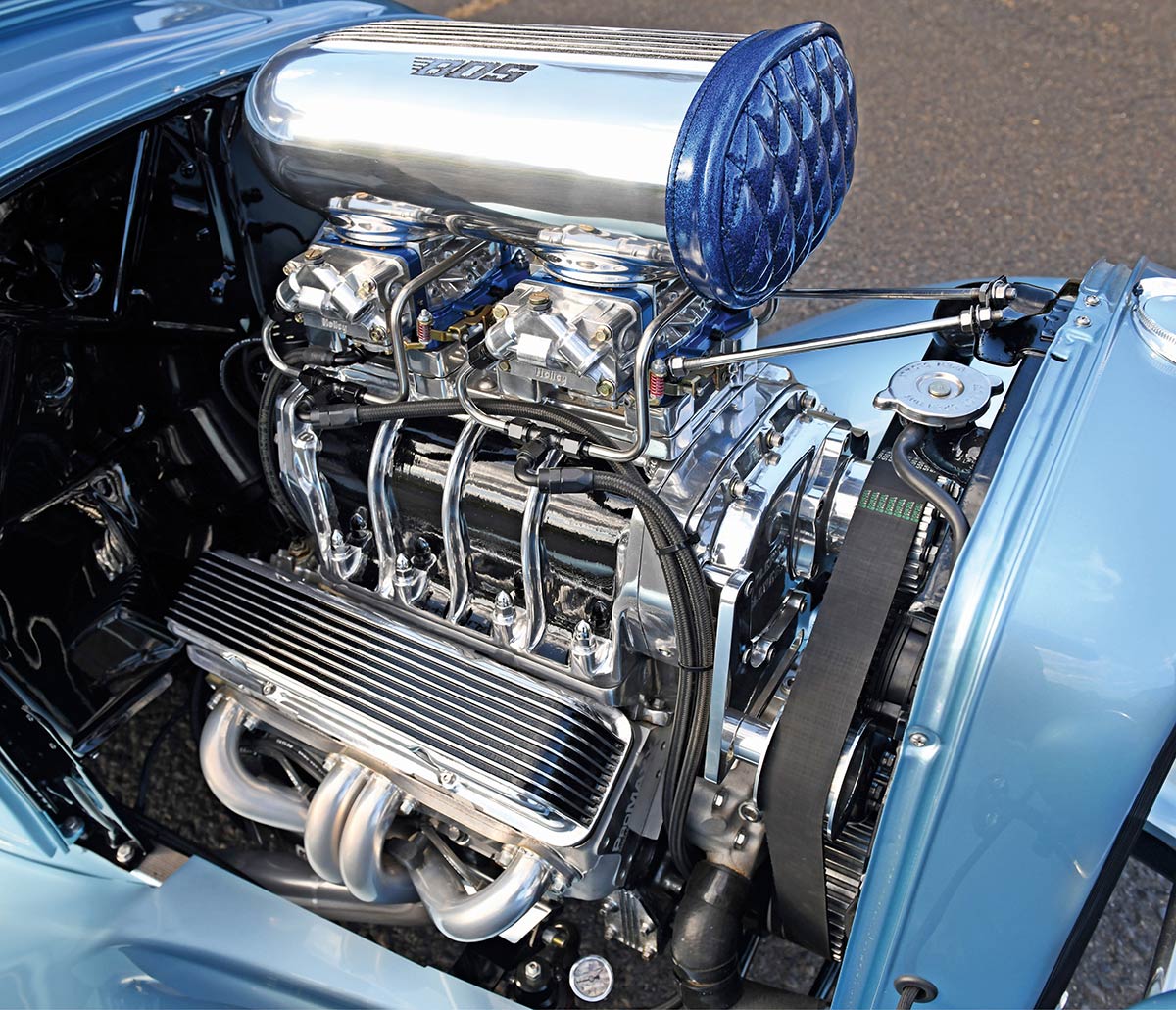 1932 Ford Five Window Coupe blown V8 close up chrome intake custom plumbing show quality hot rod engine