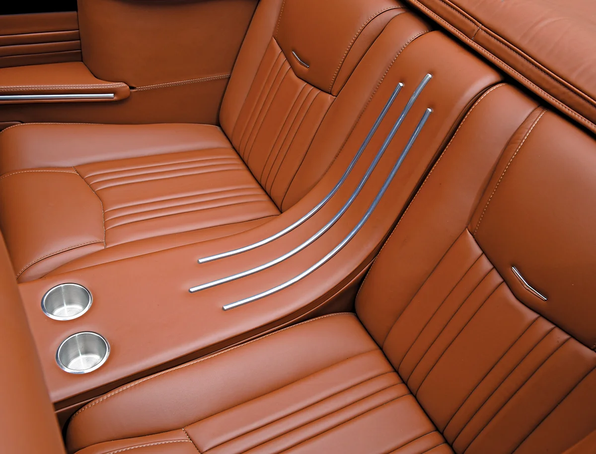 1948 Cadillac convertible rear seat detail tan leather stitching high end custom interior