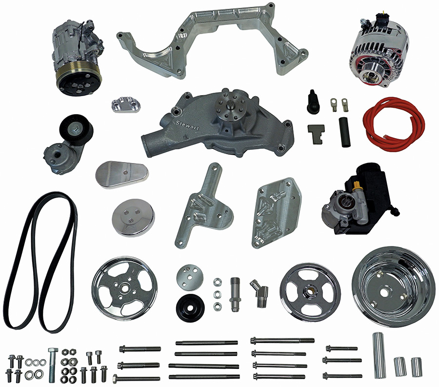 A comprehensive product layout of a Front Runner engine accessory drive kit, including a Stewart water pump, high-output alternator, A/C compressor, pulleys, serpentine belt, and all necessary mounting hardware