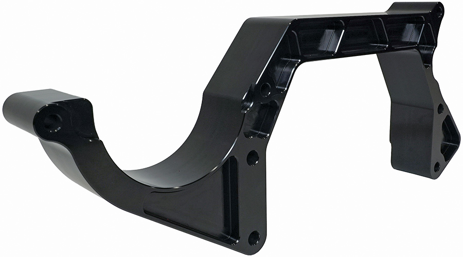 A finished, black anodized CNC-machined main mounting bracket for the Front Runner engine accessory drive system, shown from a three-quarter angle against a white background