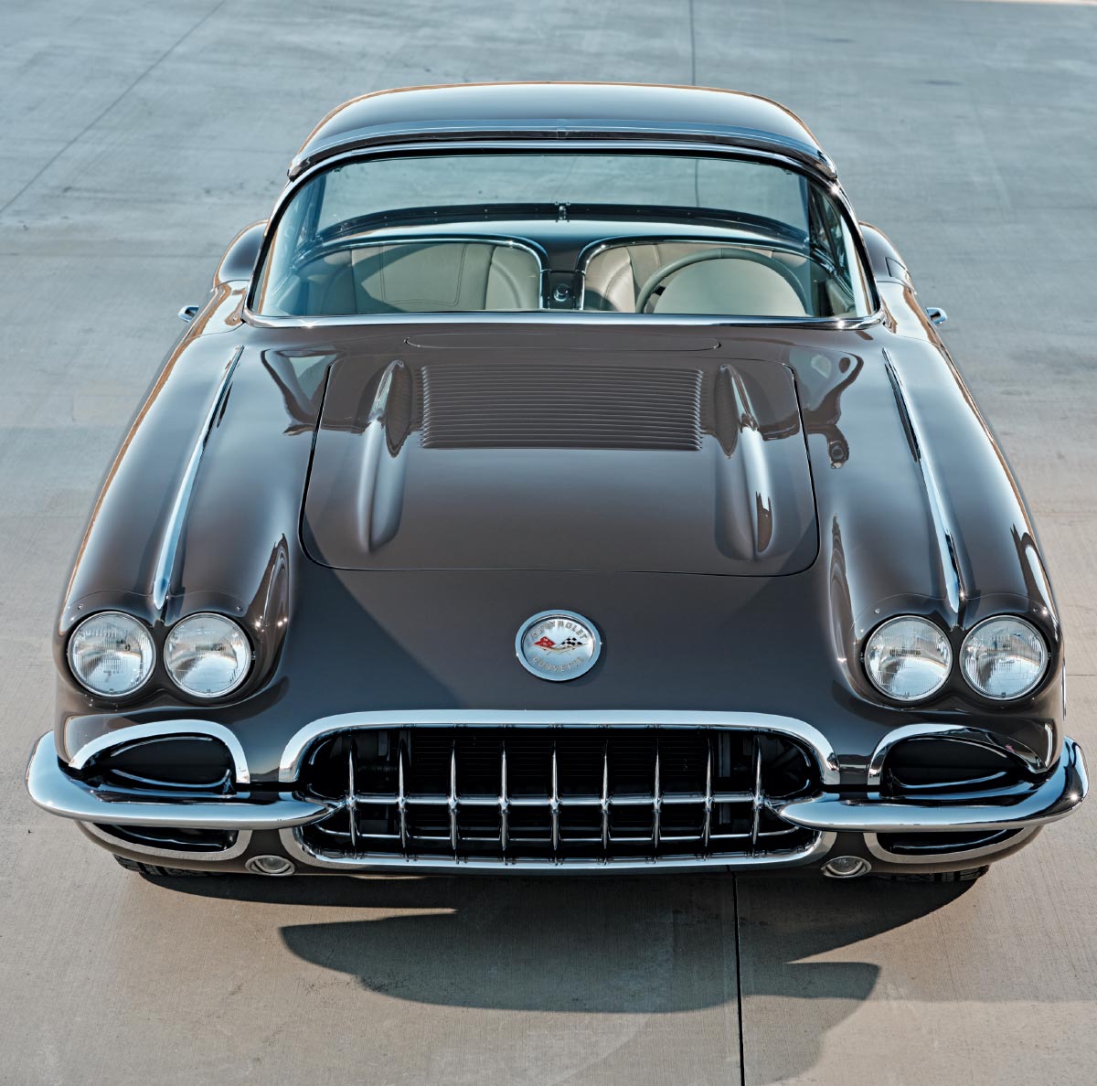 1958 Chevrolet Corvette front view quad headlights polished chrome grille restored classic design