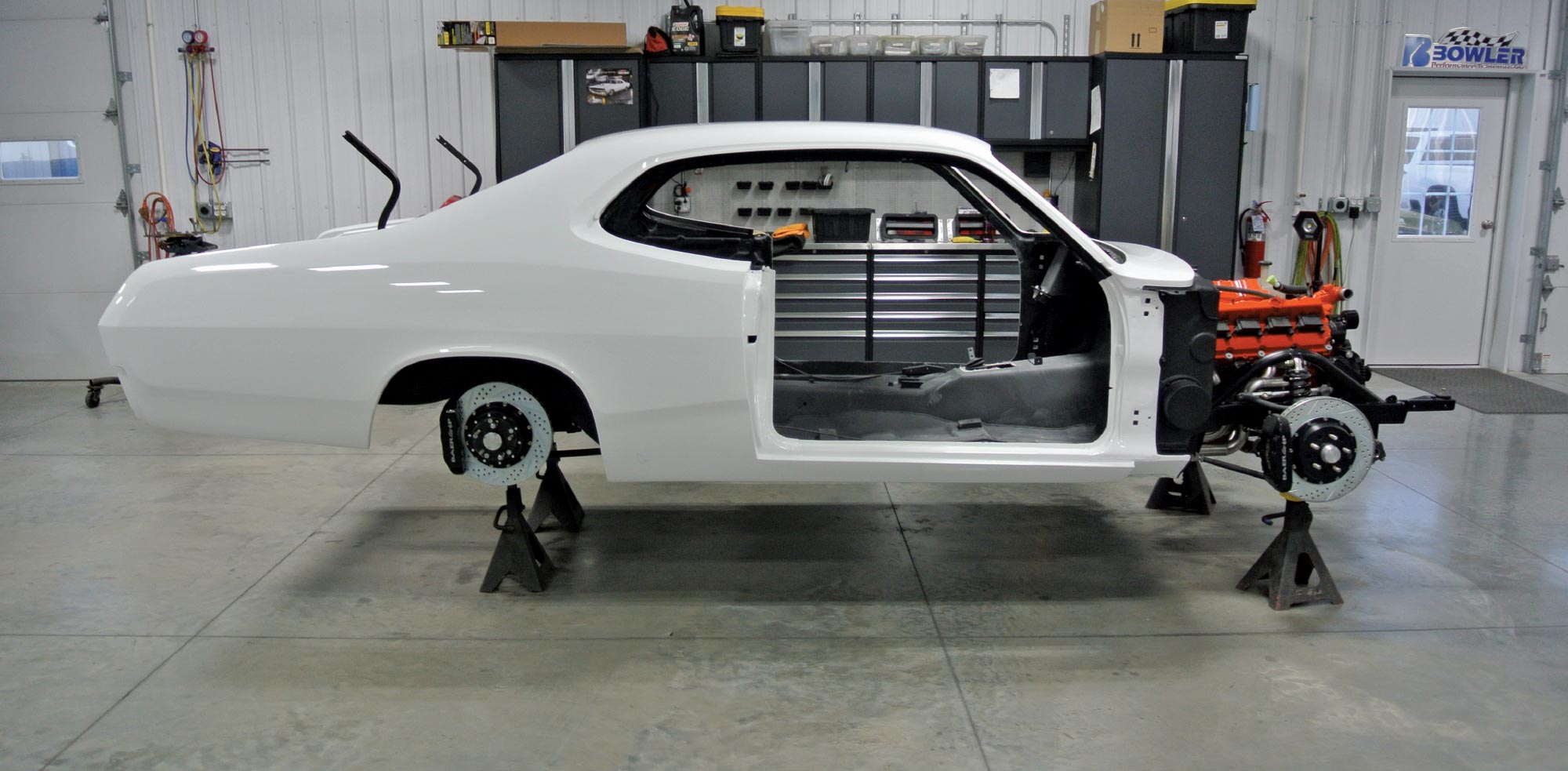 1971 plymouth duster shell white body disc brakes engine install in progress