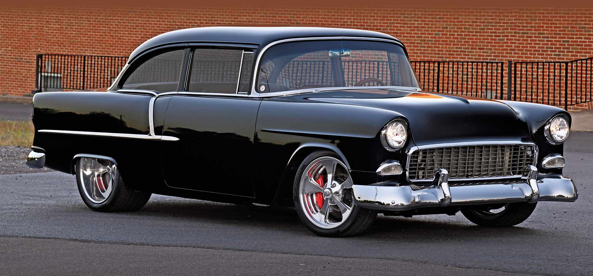 Front three-quarter view of Brian Lutz's black 1955 Chevy