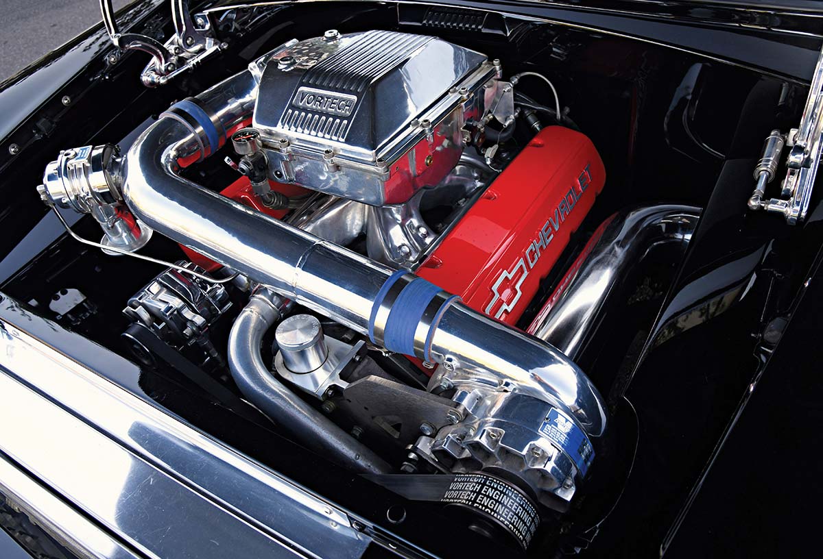 Supercharged 496ci big-block Chevy engine in a black bay