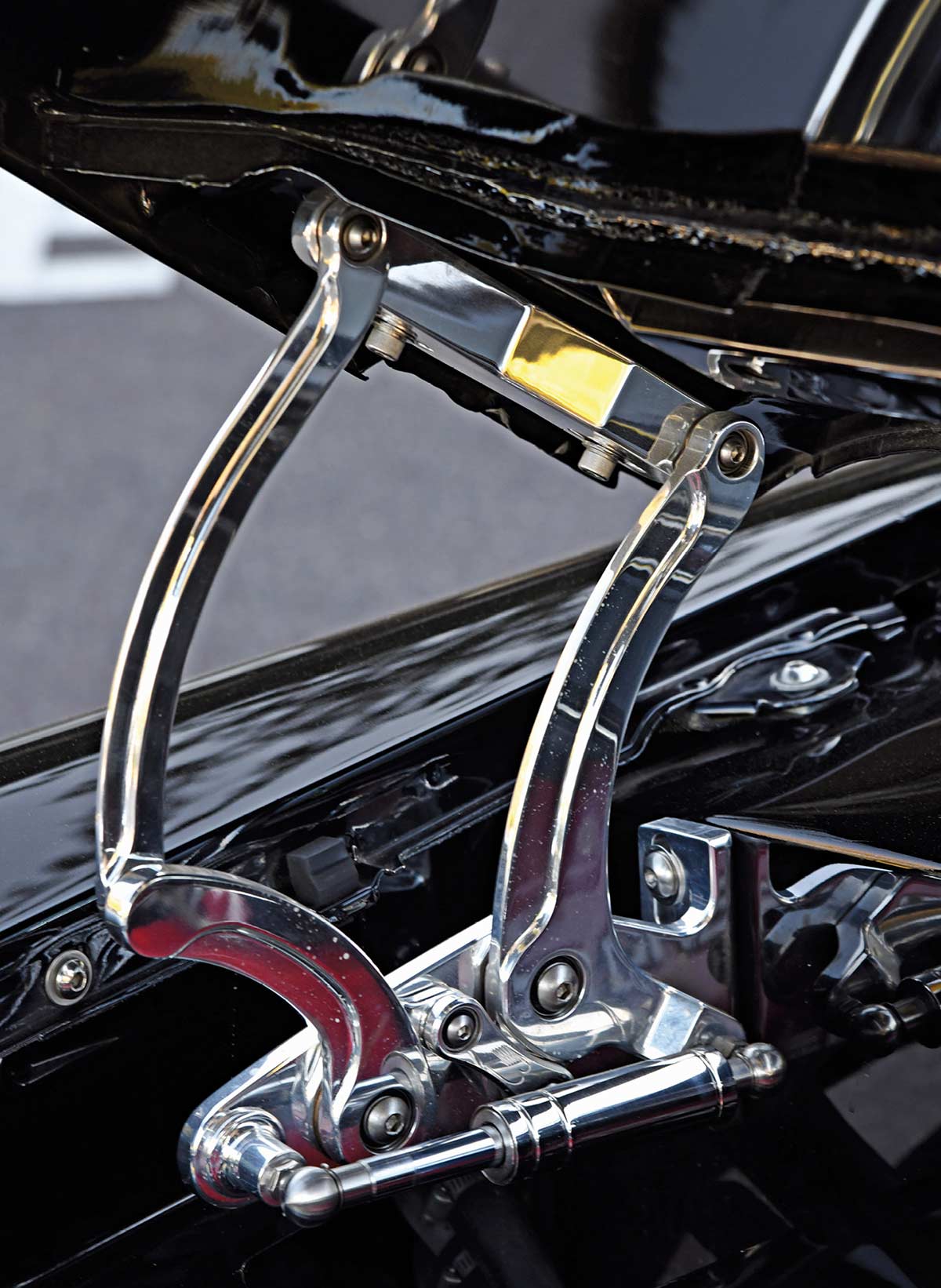Polished billet aluminum hood hinges and hardware