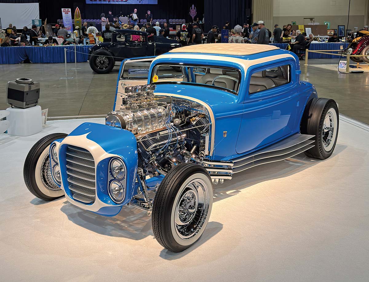 1932 Ford Highboy Roadster Custom Build Blue Paint Chrome Accents Low Profile Exposed Engine Wide Tires Detailed Interior Show Car Hot Rod