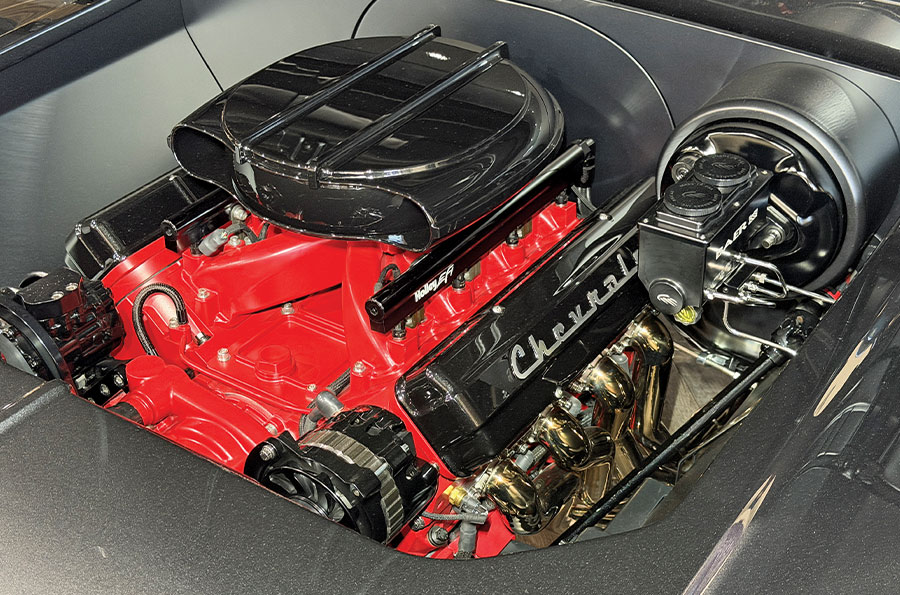 1955 Chevrolet 3100 custom pickup truck LS engine swap detailed engine bay with Holley EFI and headers