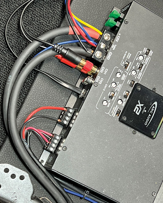 1932 Ford Roadster ARC Audio X2 amplifier wiring connections with power ground and RCA audio cables installed