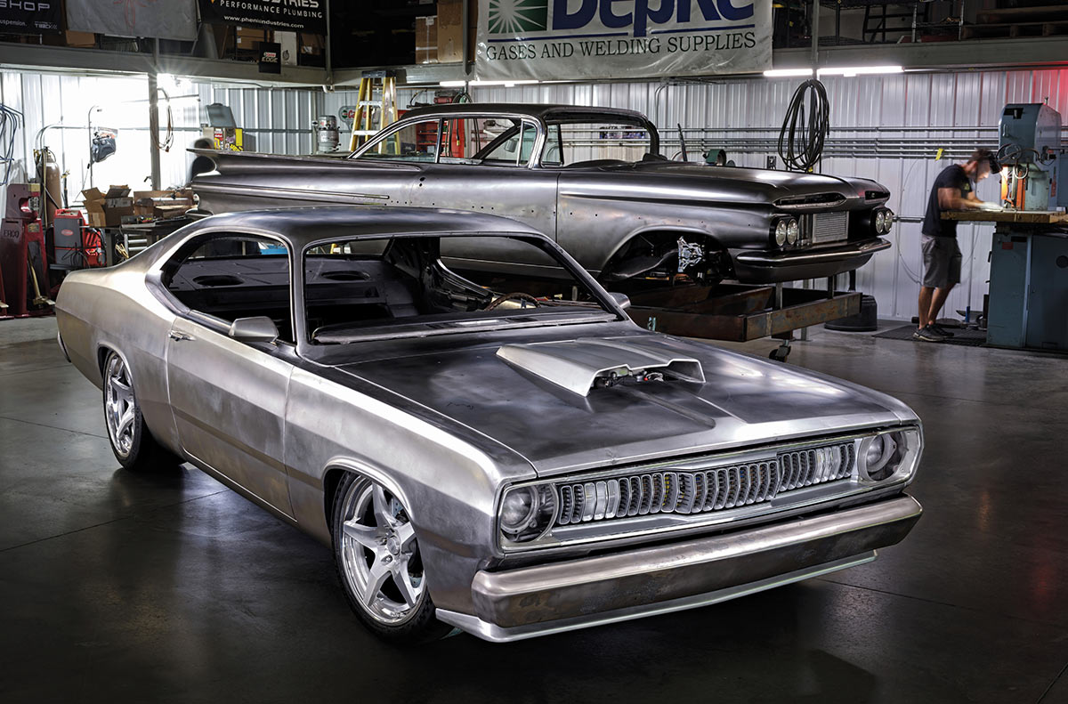 Bare metal 1971 Duster body during the fabrication process.