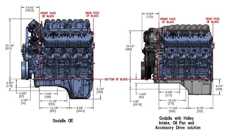 Side-by-side CAD comparison of stock vs Holley intake height.