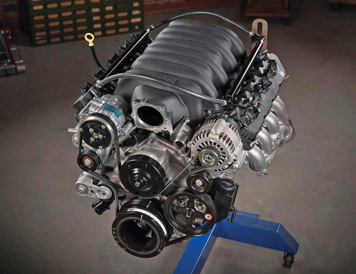 Front view of the Godzilla engine with Holley accessory drive.