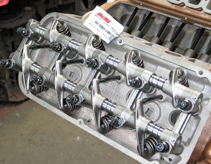 Chrysler Hemi head showing dual rocker shafts and arms.