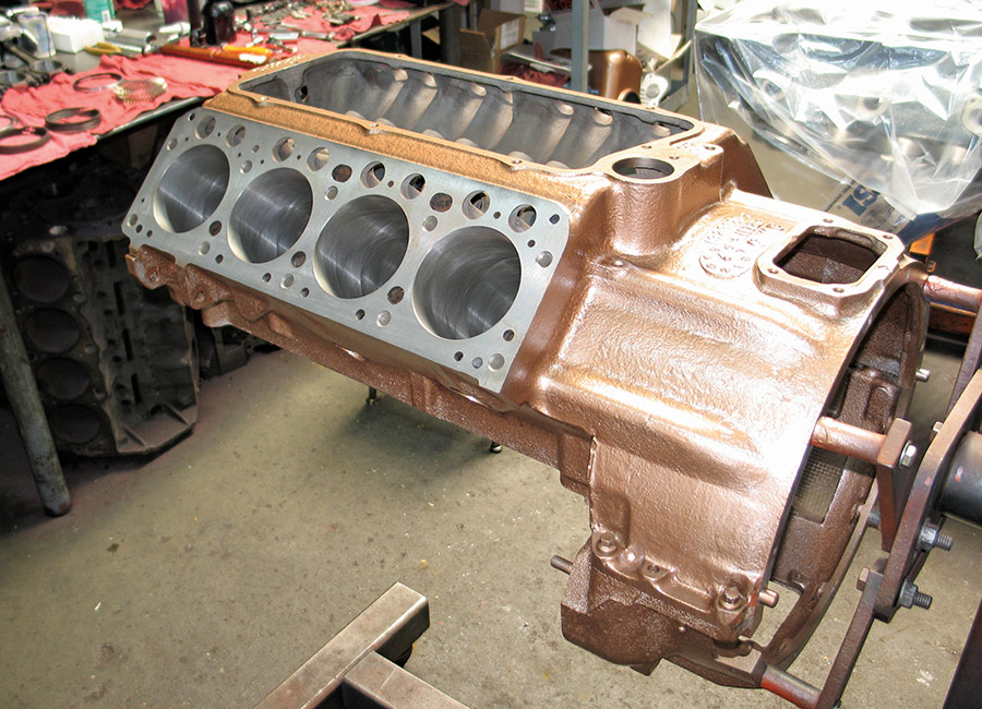 Chrysler engine block with extended bellhousing.