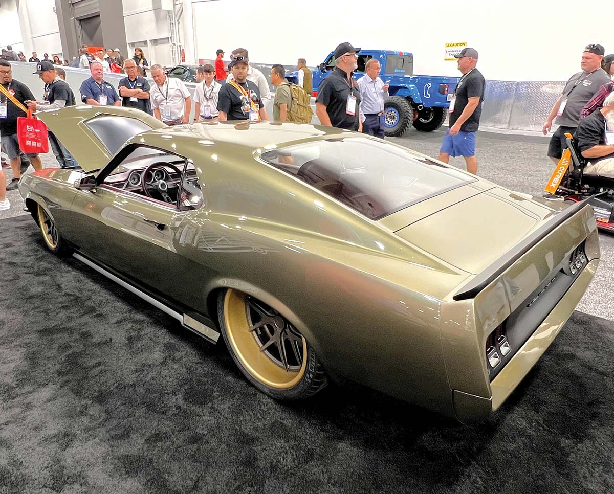 Rear view of the 1969 Ford Mustang SportsRoof's Art Morrison Max G chassis and custom rear wing