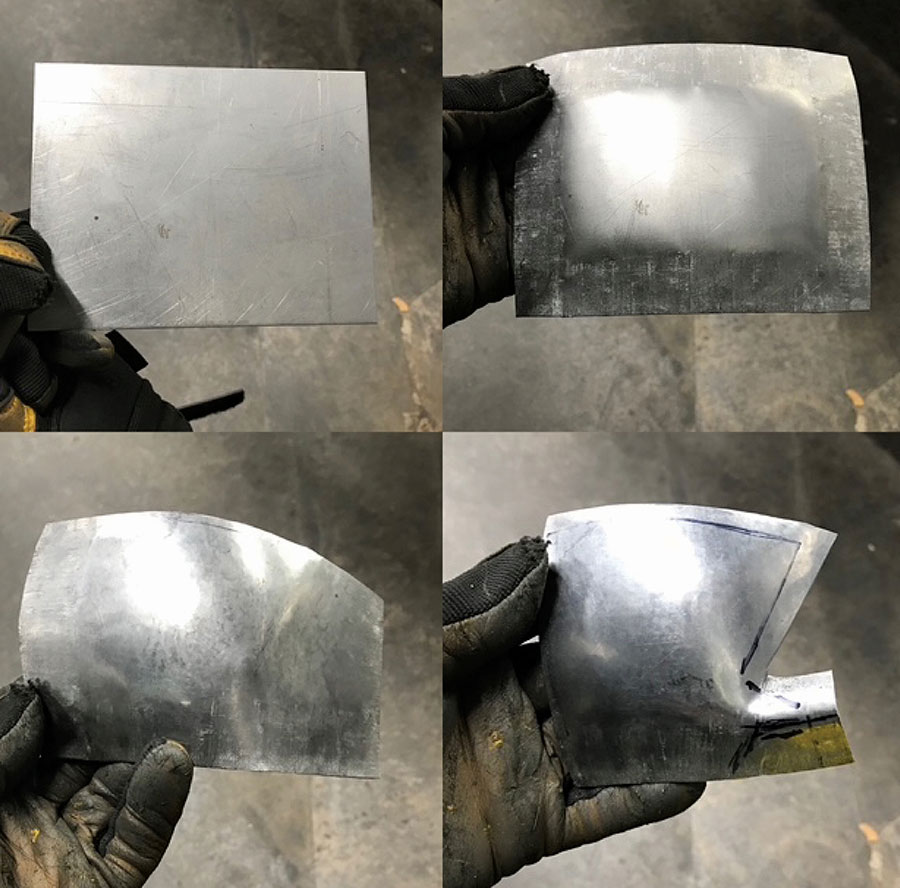 Four stages of sheet metal corner formation