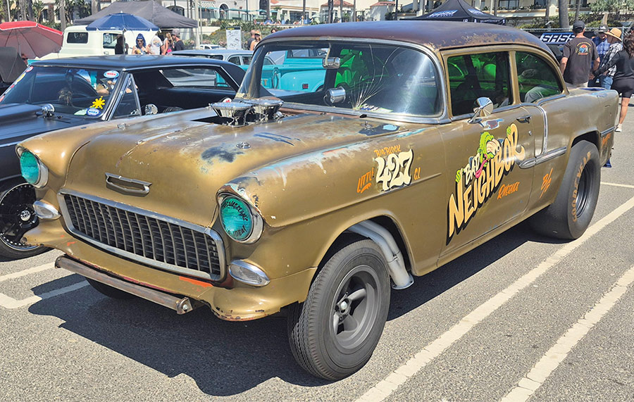 Gold 1955 Chevrolet gasser named Bad Neighbor
