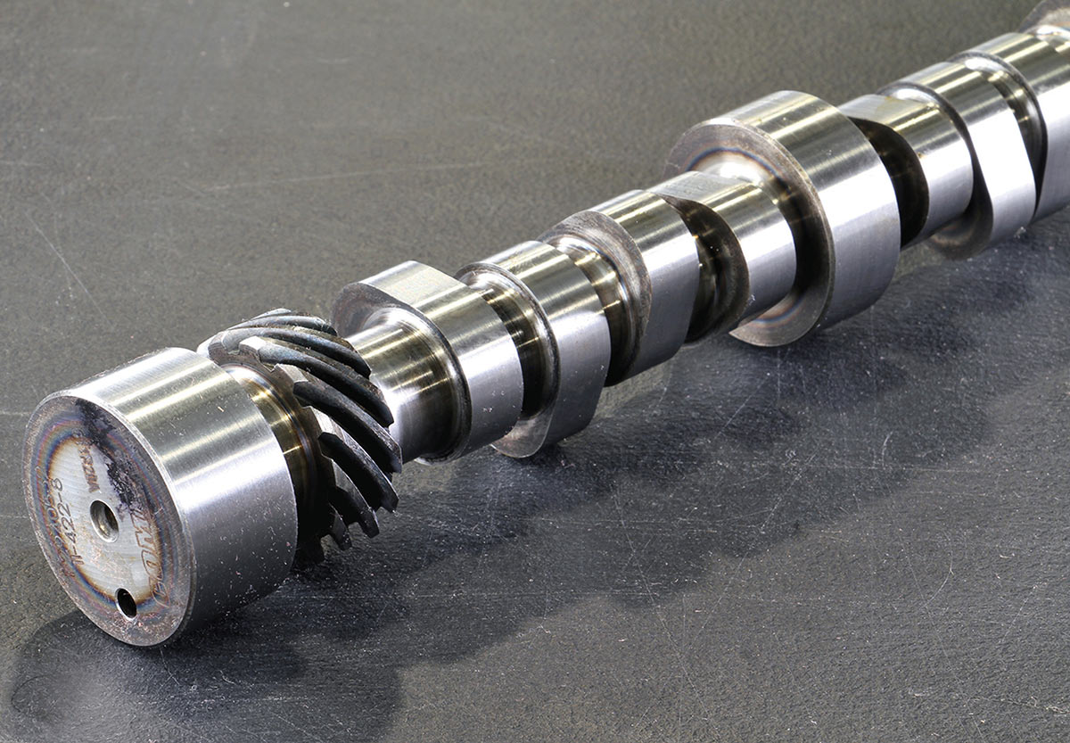 Close-up of the new hydraulic roller camshaft lobes.