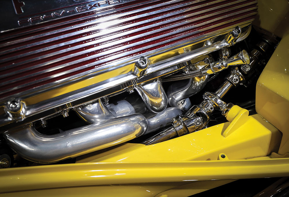 Close-up of polished engine components and valve covers.