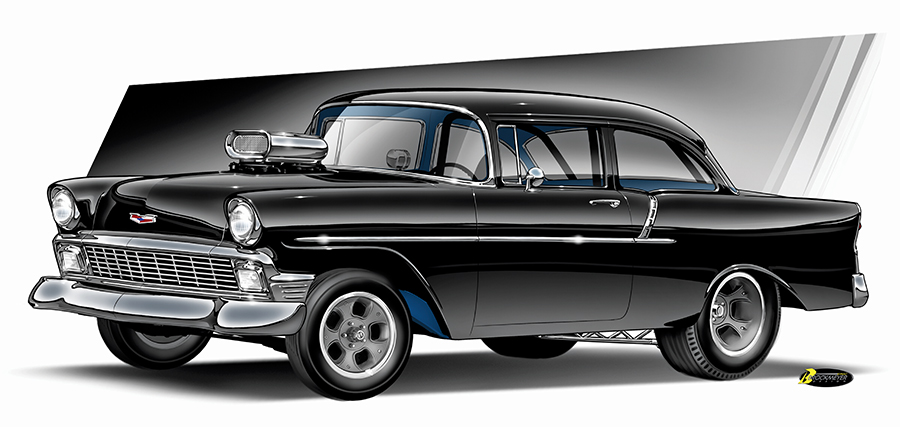 Rendering of the 1956 Chevy Gasser giveaway car.
