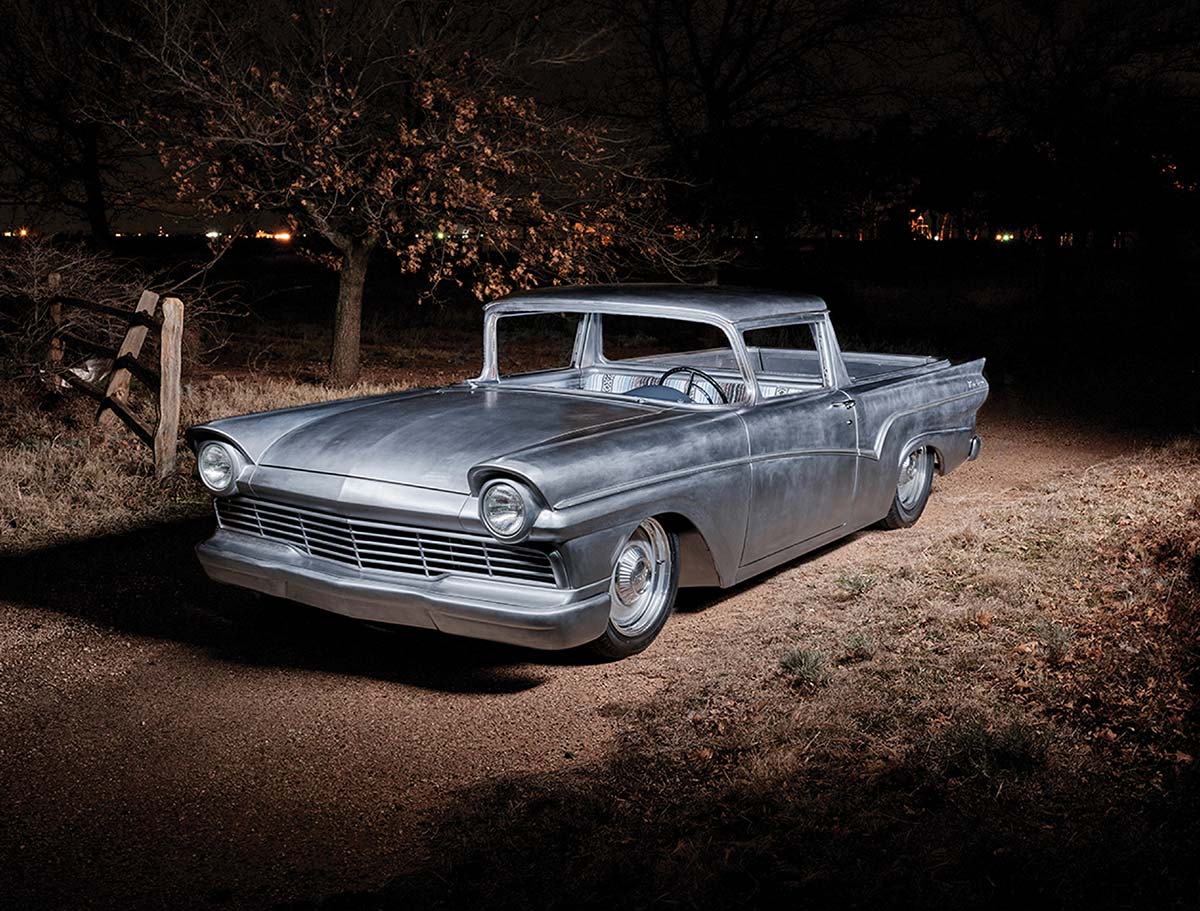 Front angle of a bare-metal 1957 Ford Ranchero project.