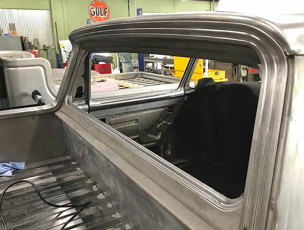 View of the finished stainless trim around the rear Ranchero window.