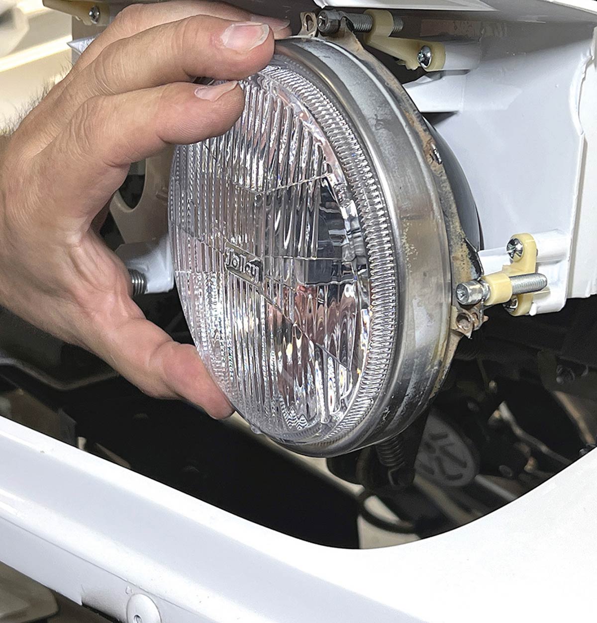 Securing the RetroBright LED lamp into the housing.