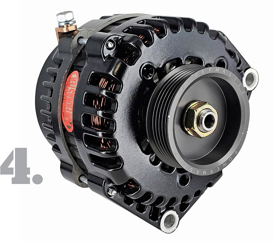 Powermaster black high-amp alternator with serpentine belt pulley.