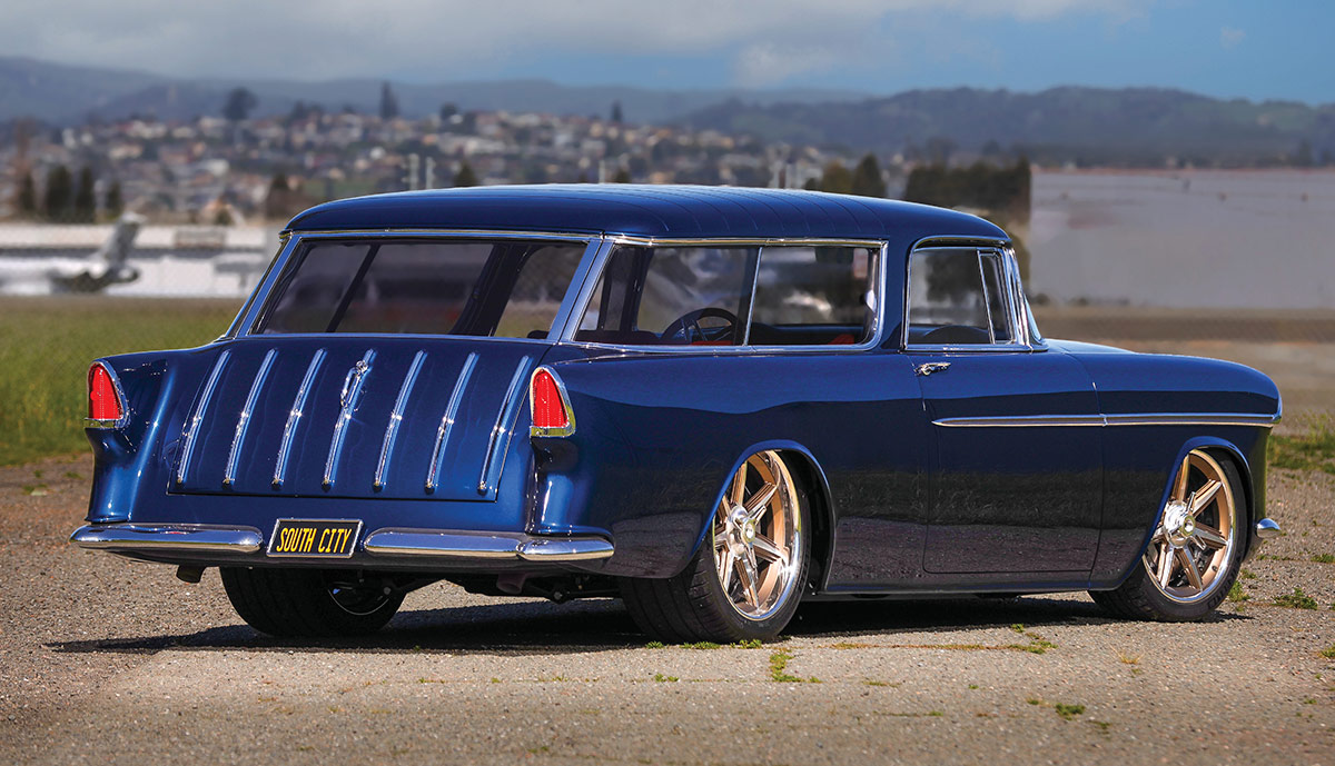 Rear view of the 1955 Chevy Nomad wagon showing shaved hinges.