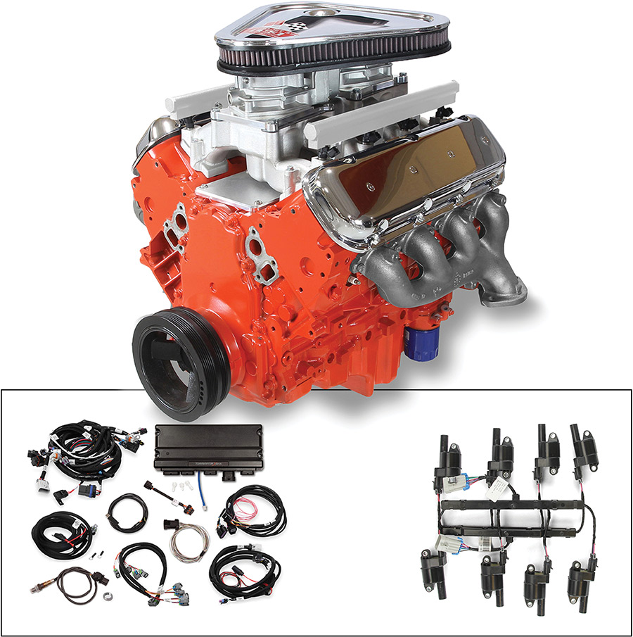 Orange Chevrolet LS engine dressed with vintage-style chrome valve covers.