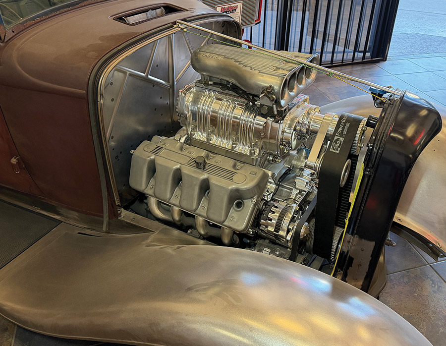Side profile of the blown Boss 429 Ford V-8 installed in a chassis.