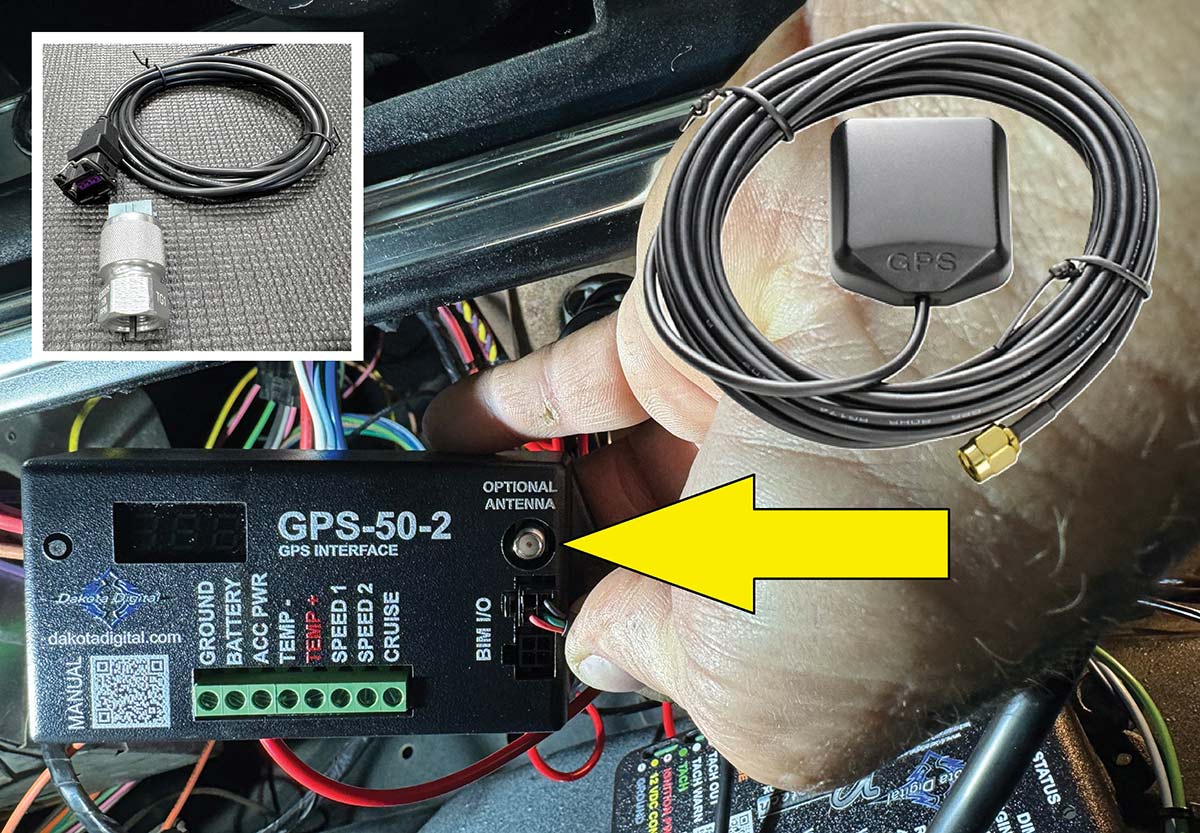 Optional GPS speed sensor module and antenna kit components.