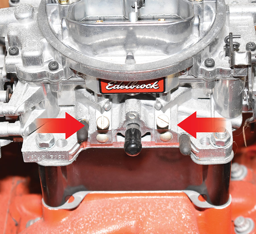 Front view of Edelbrock carburetor showing vacuum ports.