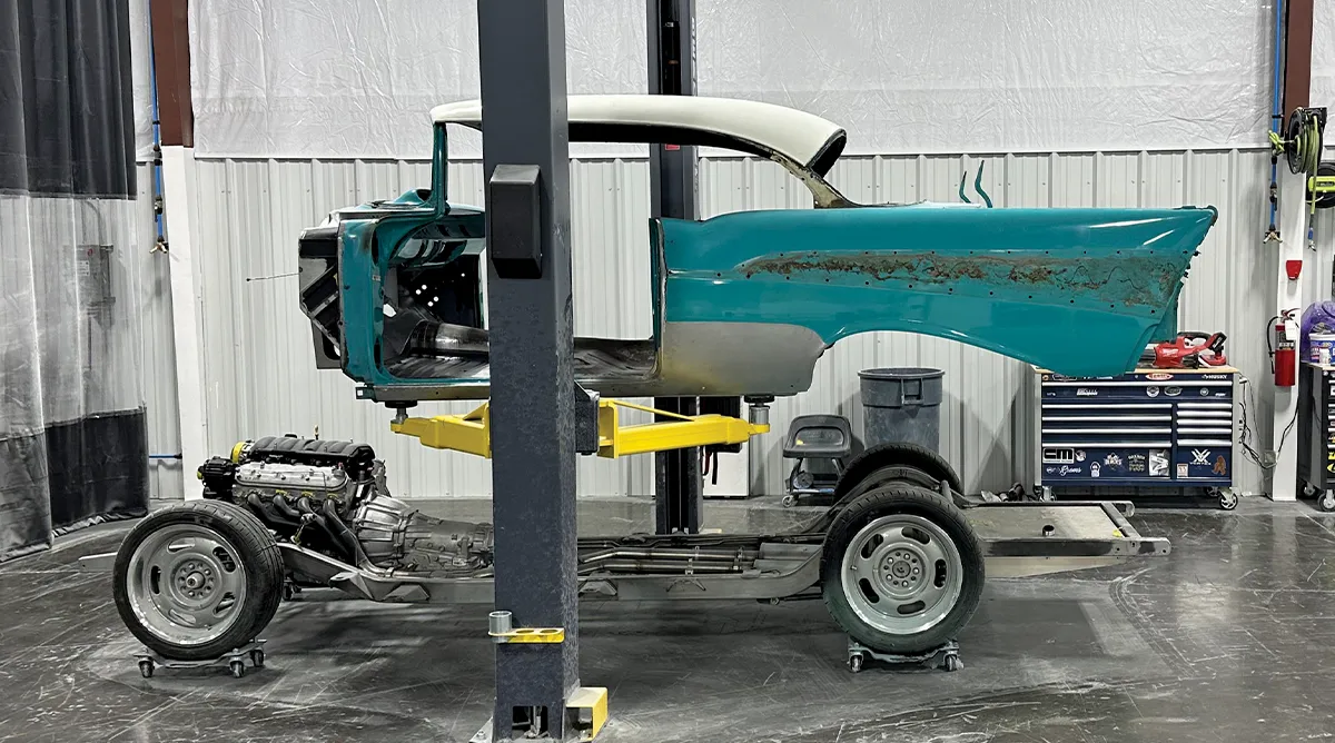 Trial-fitting Bel Air body onto new Scott's chassis