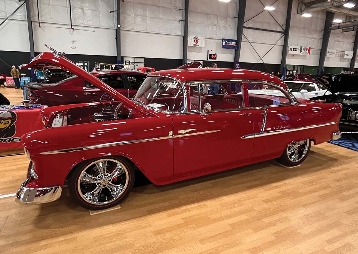 Red 1955 Chevy Bel Air two-door hardtop on display