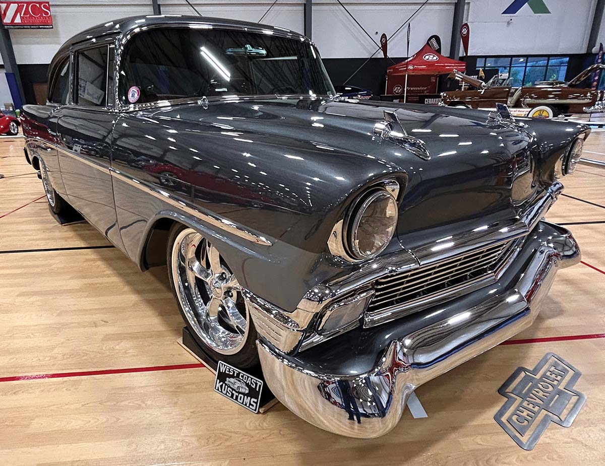 Gray 1956 Chevy 210 coupe with chrome wheels