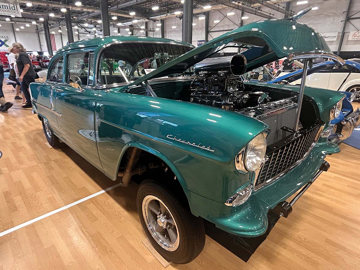 Neptune Green 1955 Chevy 210 coupe with open hood