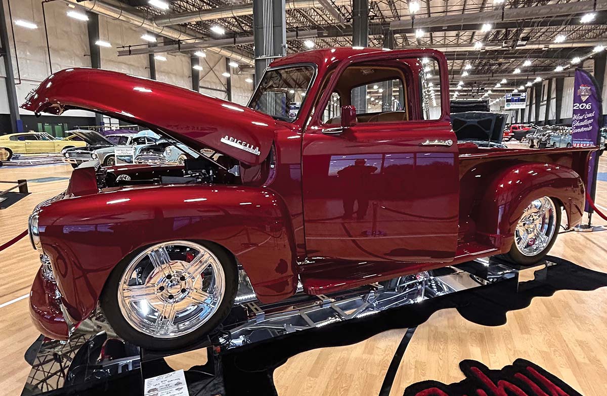 Side view of Ruby 1952 Chevy 3100 pickup