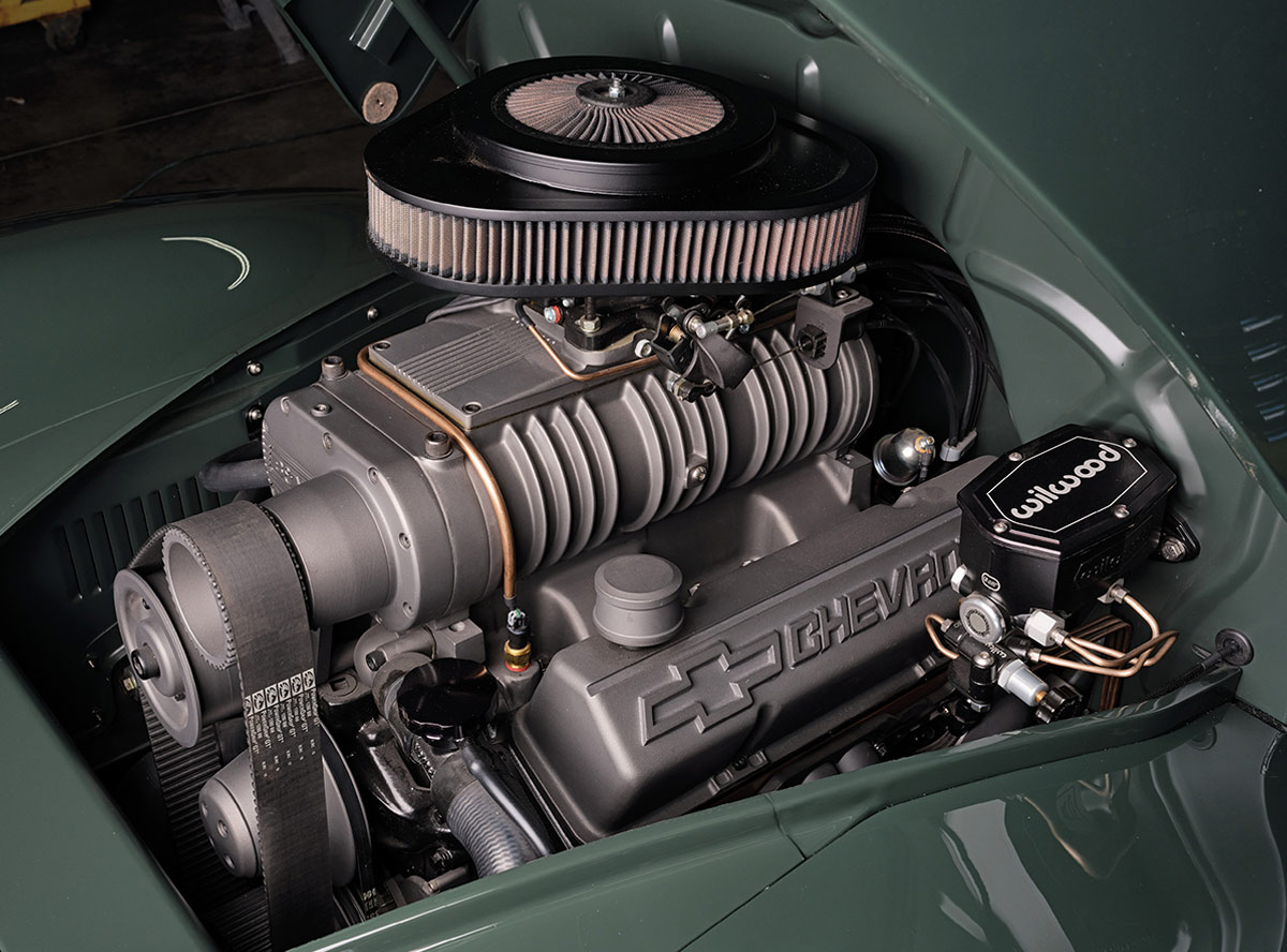 Blown small-block Chevy engine in detailed engine bay