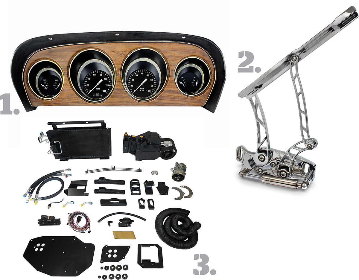 1969-70 Ford Mustang dash, billet hinges, and Vintage Air climate control kit.