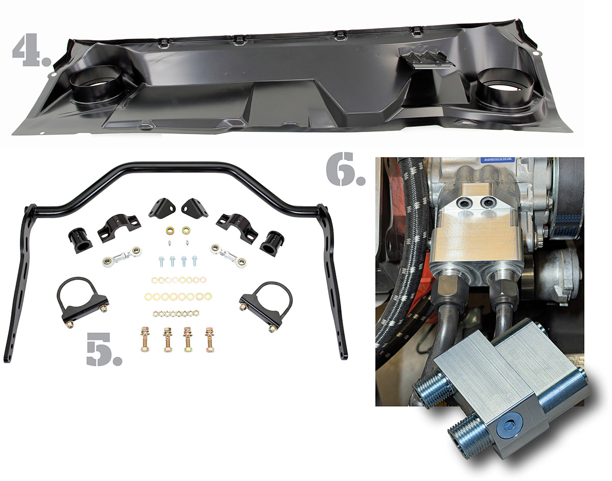 Cowl panel, A-body sway bar, and A/C compressor manifold.