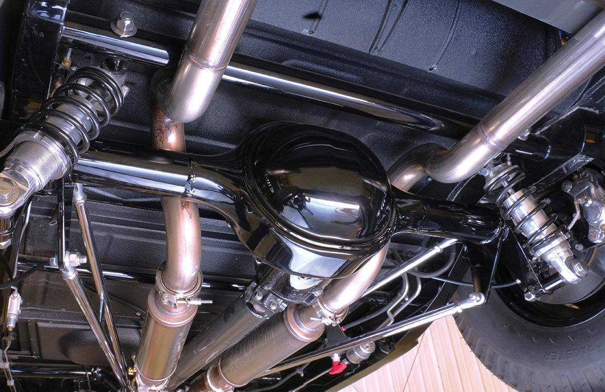 Underside detail of Ford 9-inch rearend and custom exhaust.