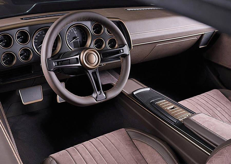 Custom brown leather interior and dashboard of a 1970 Chevelle.