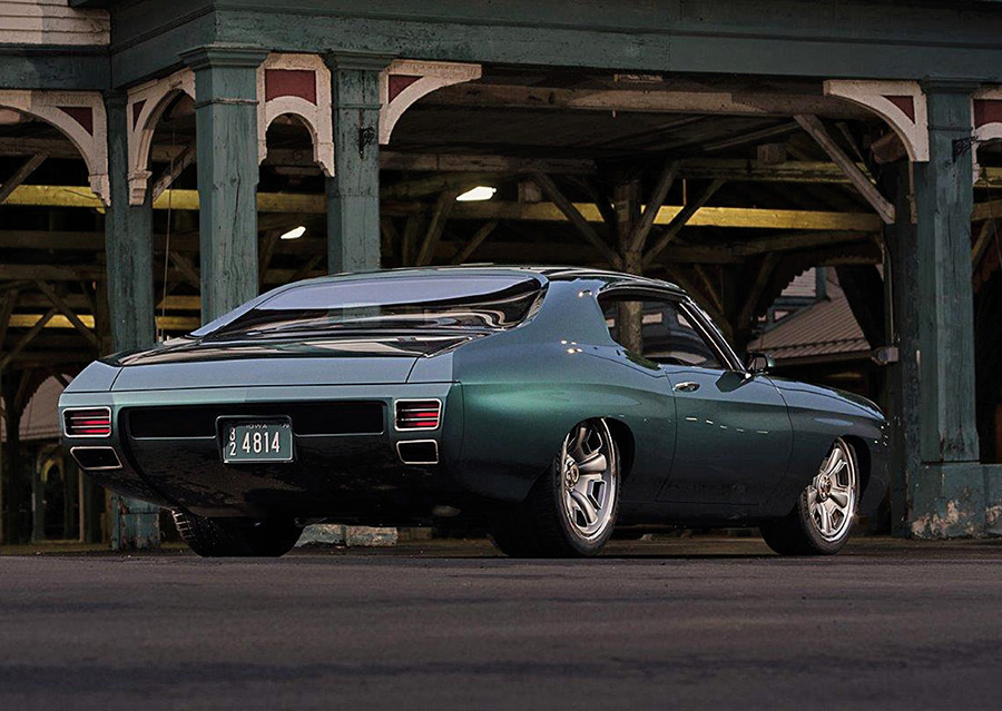 Rear three-quarter view showing the stance and lines of a 1970 Chevelle.