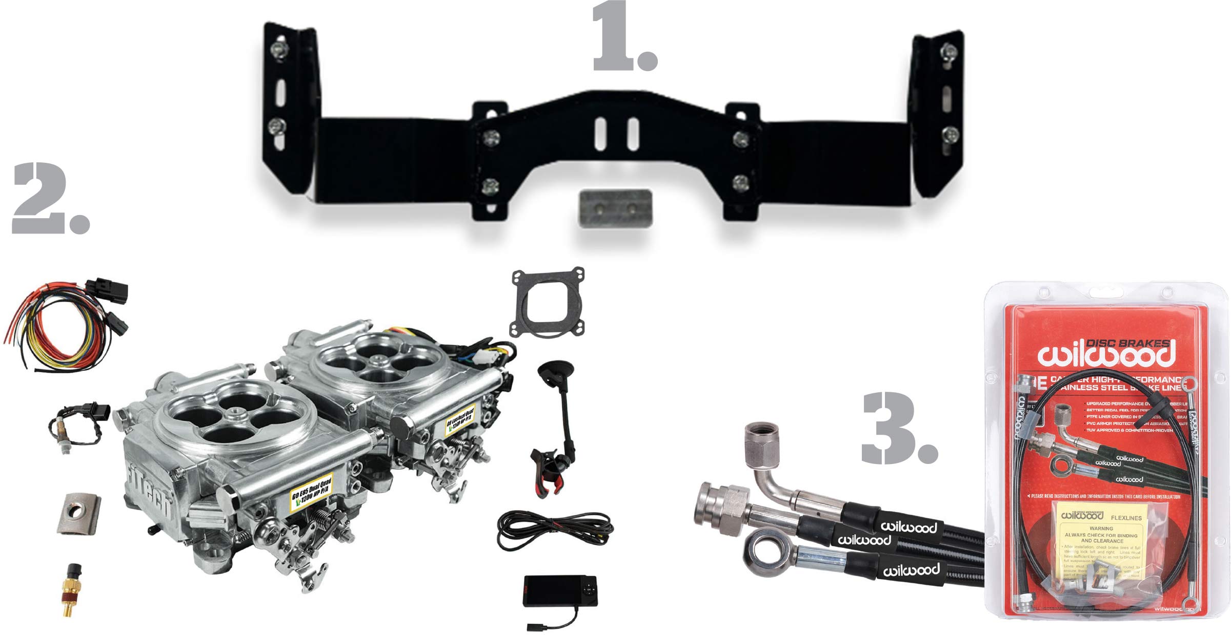 Black modular transmission, FiTech dual-quad EFI throttle body system, and Wilwood braided stainless steel brake line kit